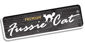 Fussie Cat logo featuring elegant, stylized font with a cat illustration