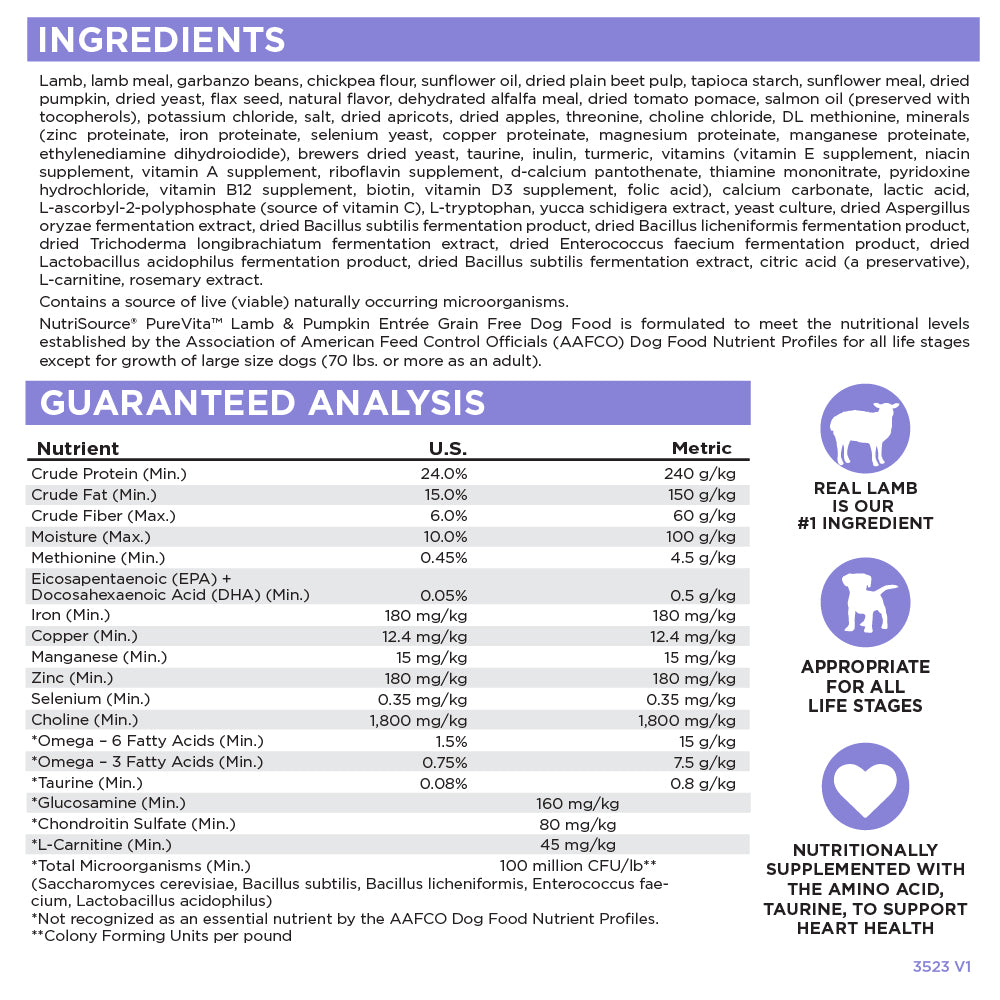 NutriSource ® PureVita™ Lamb & Pumpkin Entrée Grain Free Dog Food