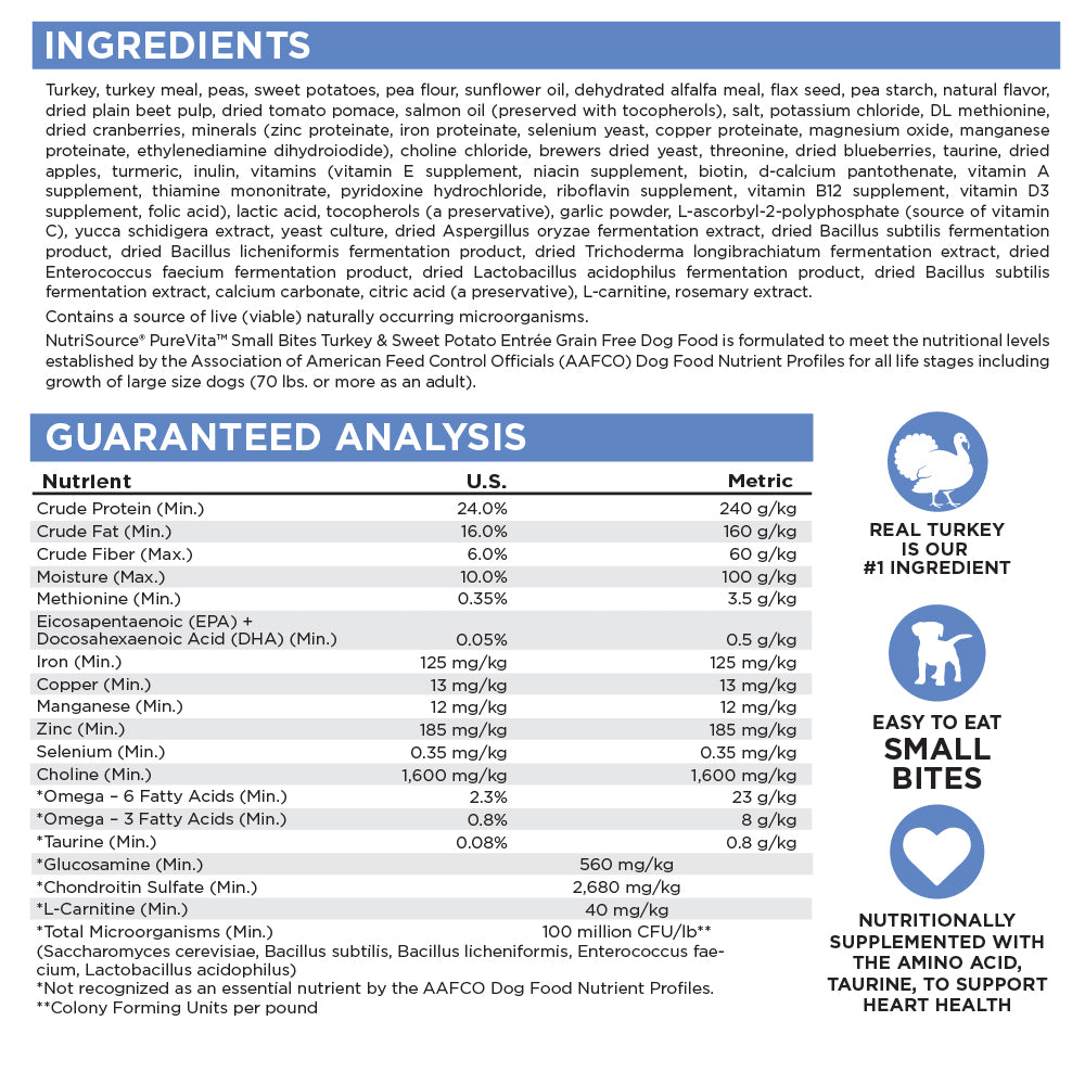 NutriSource ® PureVita™ Small Bites Turkey & Sweet Potato Entrée Grain Free Dog Food